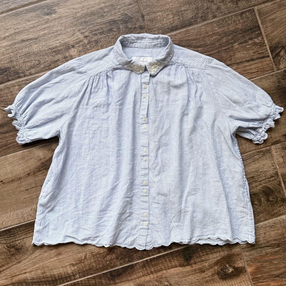 The GREAT. Women's Embroidered Floral Collar Striped Scallop Hem Blouse, Blue, 2